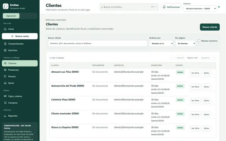 Pantalla Clientes de Emiteo Demo: buscador y listado de clientes ficticios con su condición de pago y estado.