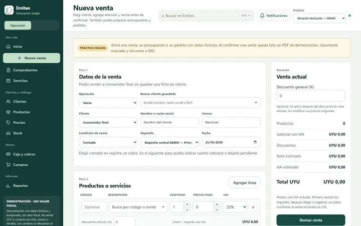 Pantalla Nueva venta de Emiteo Demo: datos de la venta, cliente, depósito y líneas de productos.