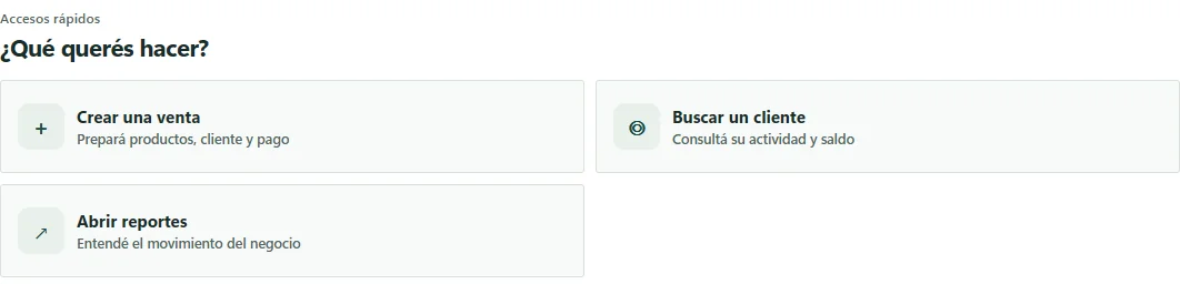 Accesos rápidos de Emiteo Demo: crear una venta, buscar un cliente y abrir reportes.