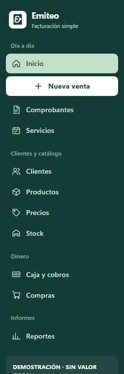 Menú lateral de Emiteo Demo: Día a día (Inicio, Nueva venta, Comprobantes, Servicios), Clientes y catálogo (Clientes, Productos, Precios, Stock), Dinero (Caja y cobros, Compras) e Informes (Reportes).