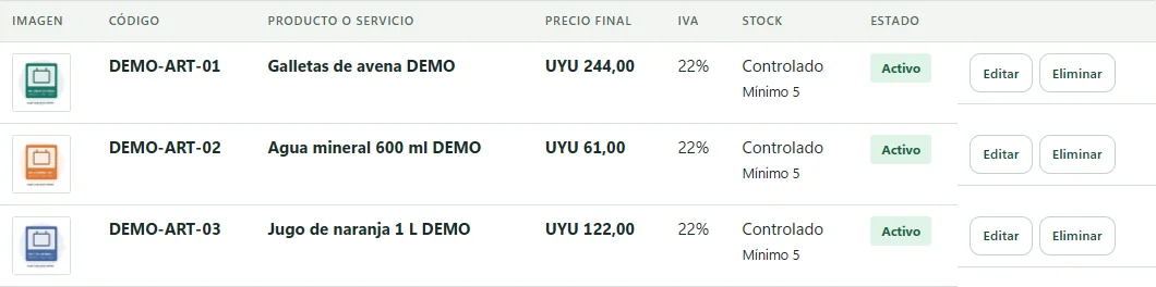 Listado de productos de Emiteo Demo con código, precio final, IVA, stock controlado y estado.