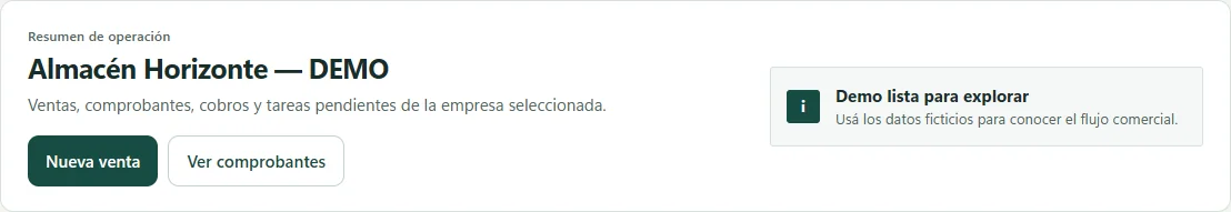 Resumen de operación de la empresa de demostración Almacén Horizonte, con accesos a Nueva venta y Ver comprobantes.
